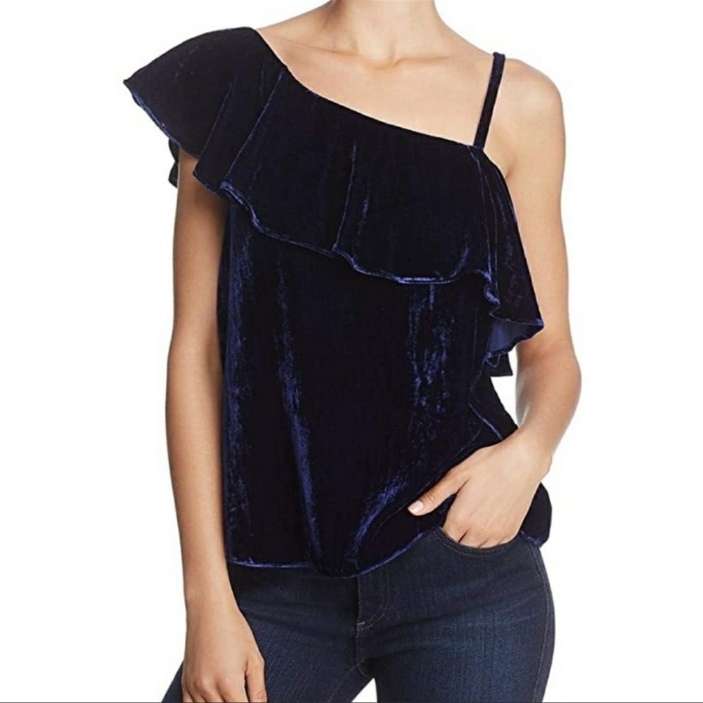 GUC J.O.A. Blue velvet one shoulder ruffle blouse